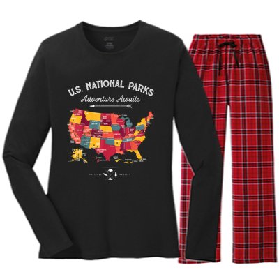 62 National Parks Map Gifts US Park Vintage Camping Hiking Gift Women's Long Sleeve Flannel Pajama Set 