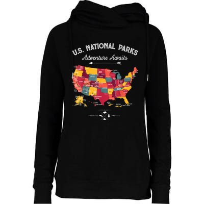 62 National Parks Map Gifts US Park Vintage Camping Hiking Gift Womens Funnel Neck Pullover Hood