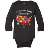 62 National Parks Map Gifts US Park Vintage Camping Hiking Gift Baby Long Sleeve Bodysuit