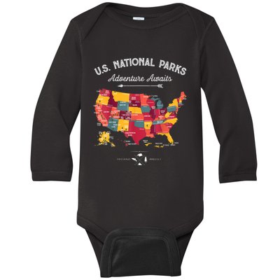 62 National Parks Map Gifts US Park Vintage Camping Hiking Gift Baby Long Sleeve Bodysuit