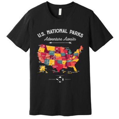 62 National Parks Map Gifts US Park Vintage Camping Hiking Gift Premium T-Shirt