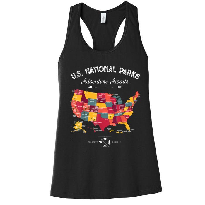 62 National Parks Map Gifts US Park Vintage Camping Hiking Gift Women's Racerback Tank