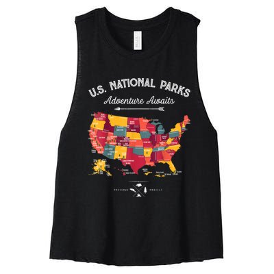 62 National Parks Map Gifts US Park Vintage Camping Hiking Gift Women's Racerback Cropped Tank