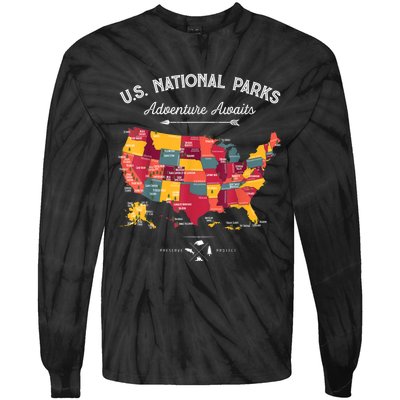 62 National Parks Map Gifts US Park Vintage Camping Hiking Gift Tie-Dye Long Sleeve Shirt