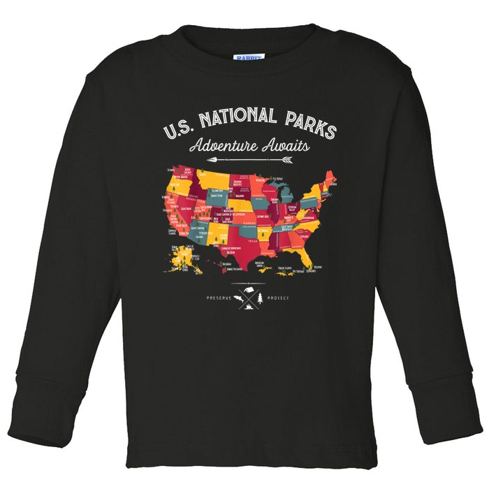 62 National Parks Map Gifts US Park Vintage Camping Hiking Gift Toddler Long Sleeve Shirt