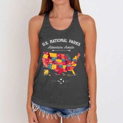 62 National Parks Map Gifts US Park Vintage Camping Hiking Gift Women's Knotted Racerback Tank