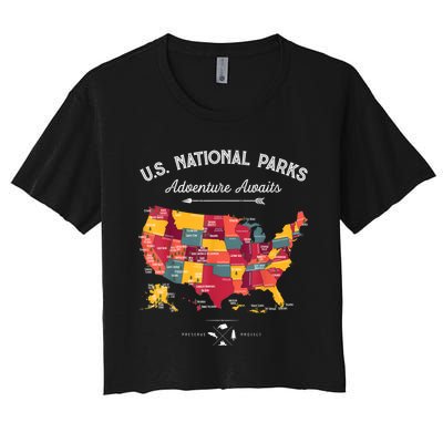 62 National Parks Map Gifts US Park Vintage Camping Hiking Gift Women's Crop Top Tee