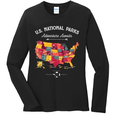 62 National Parks Map Gifts US Park Vintage Camping Hiking Gift Ladies Long Sleeve Shirt