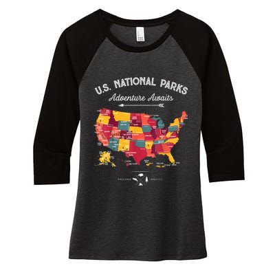 62 National Parks Map Gifts US Park Vintage Camping Hiking Gift Women's Tri-Blend 3/4-Sleeve Raglan Shirt