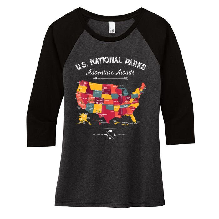 62 National Parks Map Gifts US Park Vintage Camping Hiking Gift Women's Tri-Blend 3/4-Sleeve Raglan Shirt