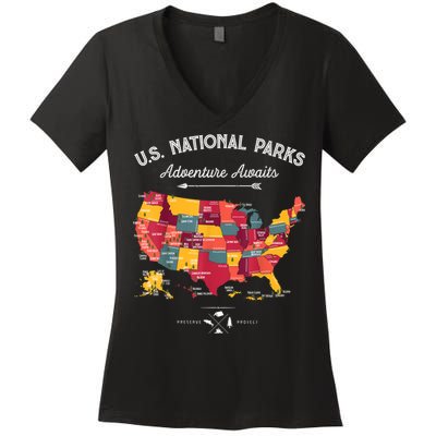 62 National Parks Map Gifts US Park Vintage Camping Hiking Gift Women's V-Neck T-Shirt