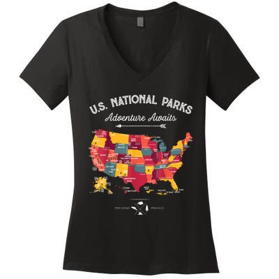 62 National Parks Map Gifts US Park Vintage Camping Hiking Gift Women's V-Neck T-Shirt