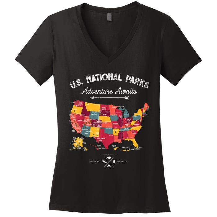 62 National Parks Map Gifts US Park Vintage Camping Hiking Gift Women's V-Neck T-Shirt