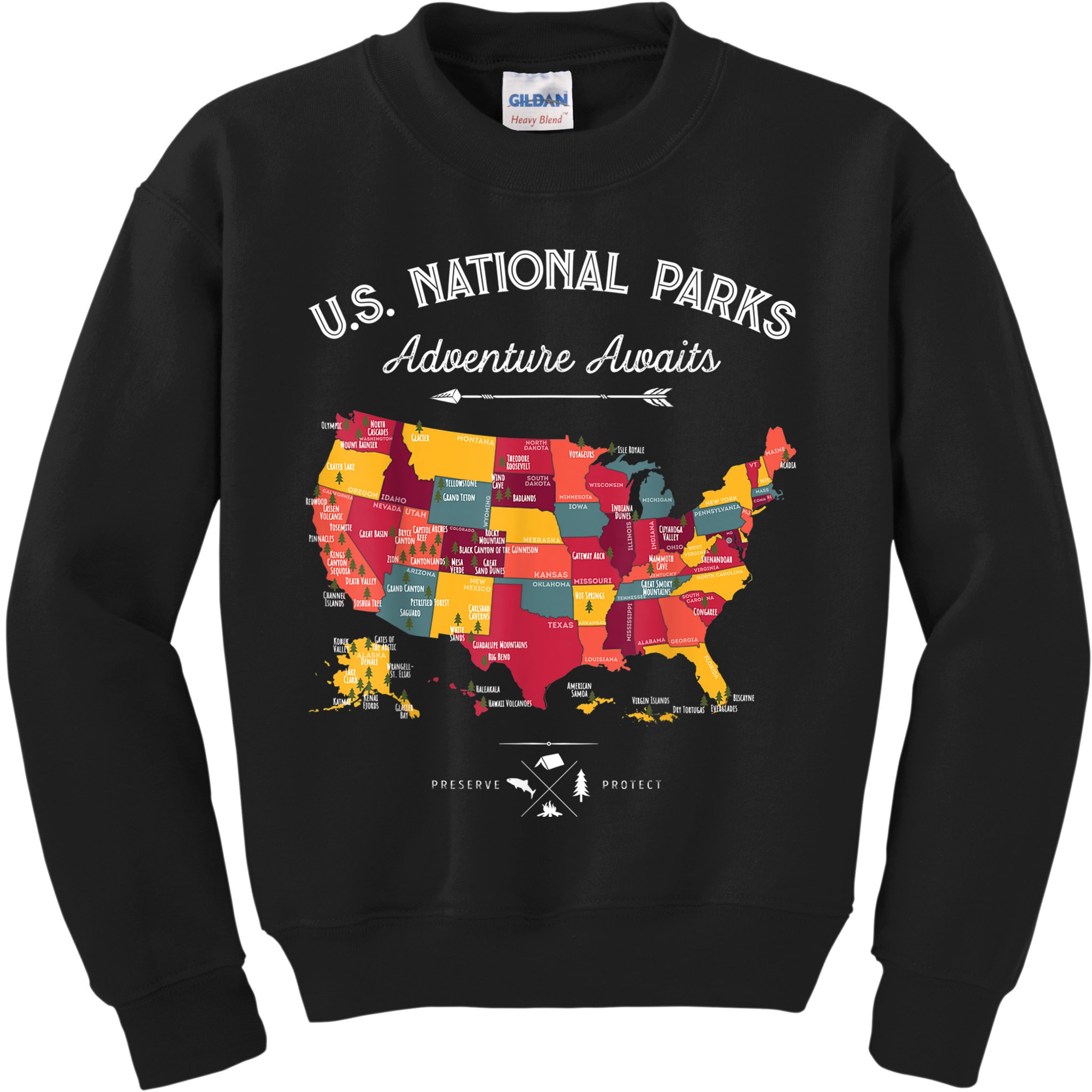 62 National Parks Map Gifts US Park Vintage Camping Hiking Gift Kids Sweatshirt