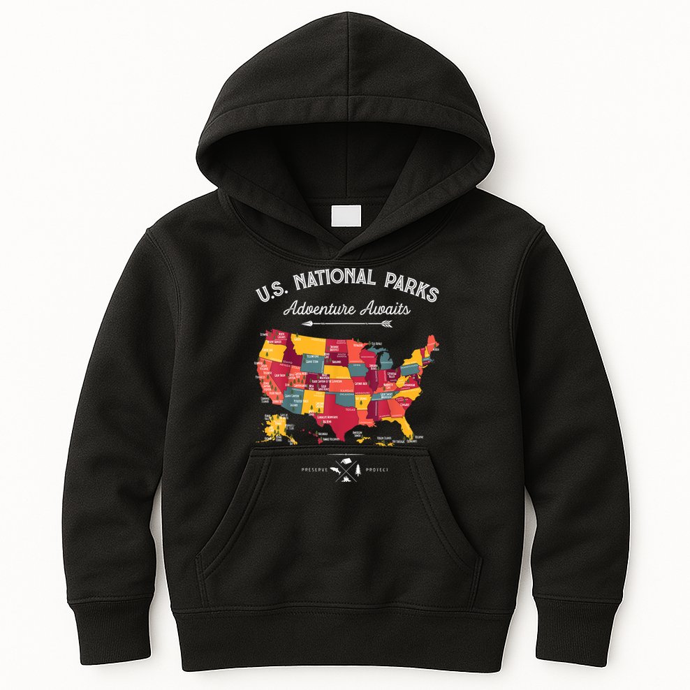 62 National Parks Map Gifts US Park Vintage Camping Hiking Gift Kids Hoodie
