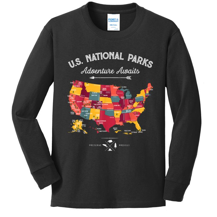 62 National Parks Map Gifts US Park Vintage Camping Hiking Gift Kids Long Sleeve Shirt