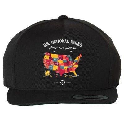 62 National Parks Map Gifts US Park Vintage Camping Hiking Gift Wool Snapback Cap