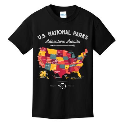 62 National Parks Map Gifts US Park Vintage Camping Hiking Gift Kids T-Shirt