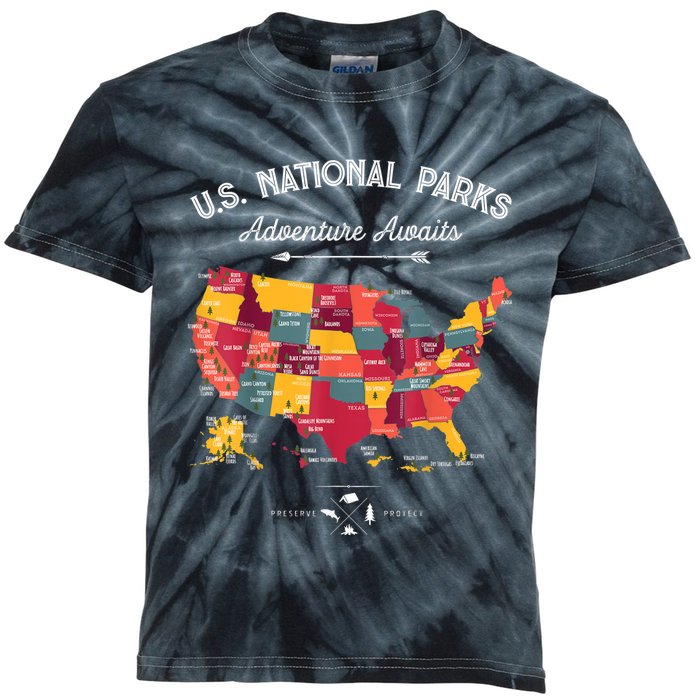 62 National Parks Map Gifts US Park Vintage Camping Hiking Gift Kids Tie-Dye T-Shirt