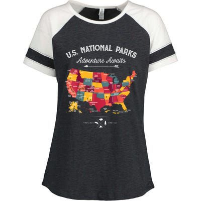 62 National Parks Map Gifts US Park Vintage Camping Hiking Gift Enza Ladies Jersey Colorblock Tee