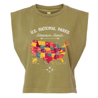 62 National Parks Map Gifts US Park Vintage Camping Hiking Gift Garment-Dyed Women's Muscle Tee