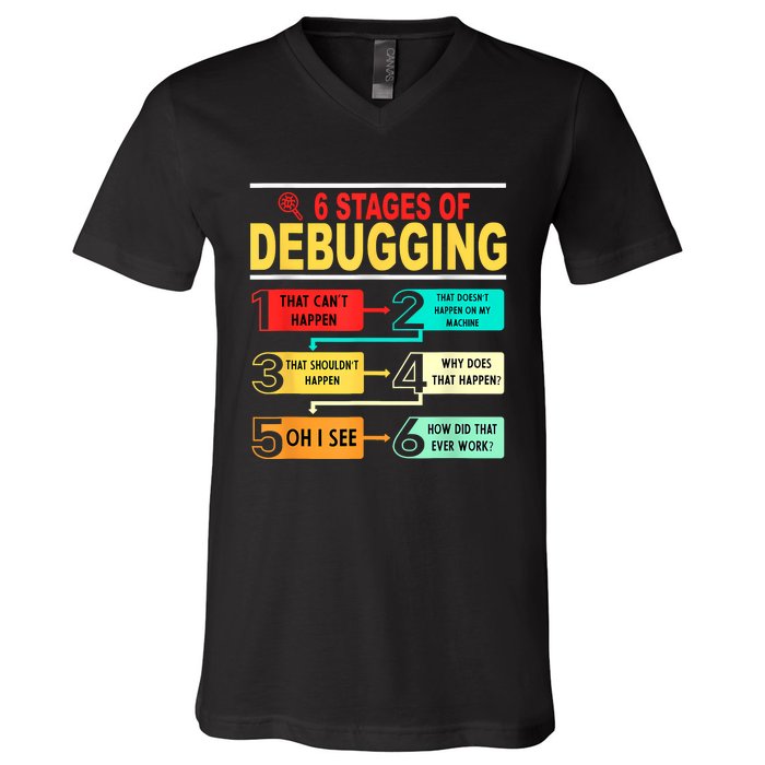 6 Stages Of Debugging Full Stack Coder Software Developer V-Neck T-Shirt