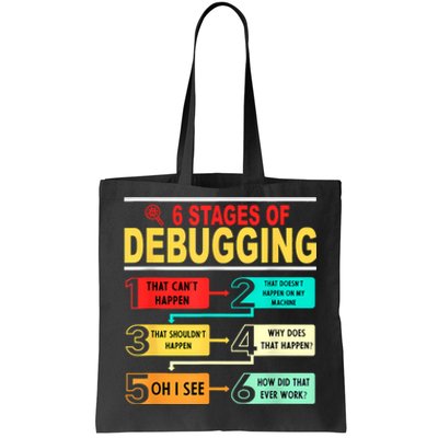 6 Stages Of Debugging Full Stack Coder Software Developer Tote Bag