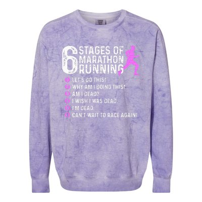 6 Stages Of Marathon Running Marathoner 26.2 Funny Runner Colorblast Crewneck Sweatshirt