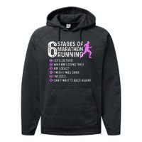 6 Stages Of Marathon Running Marathoner 26.2 Funny Runner Performance Fleece Hoodie