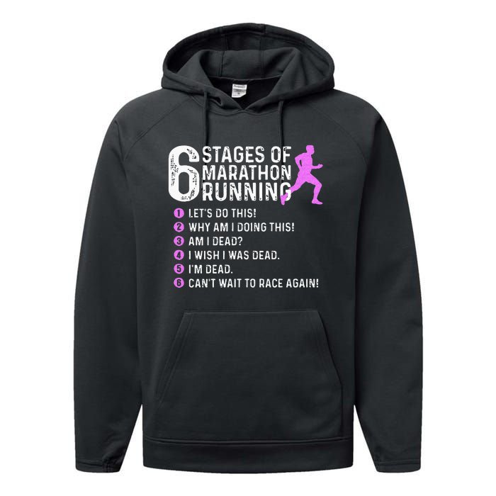 6 Stages Of Marathon Running Marathoner 26.2 Funny Runner Performance Fleece Hoodie