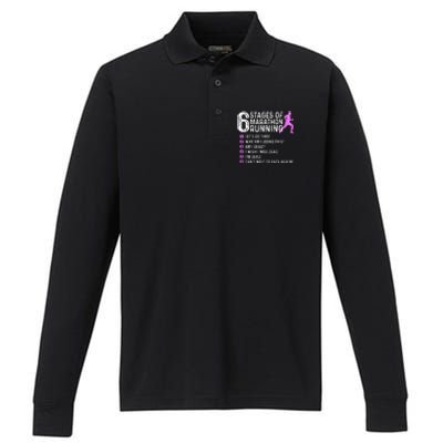 6 Stages Of Marathon Running Marathoner 26.2 Funny Runner Performance Long Sleeve Polo