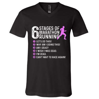 6 Stages Of Marathon Running Marathoner 26.2 Funny Runner V-Neck T-Shirt