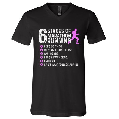 6 Stages Of Marathon Running Marathoner 26.2 Funny Runner V-Neck T-Shirt