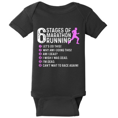 6 Stages Of Marathon Running Marathoner 26.2 Funny Runner Baby Bodysuit