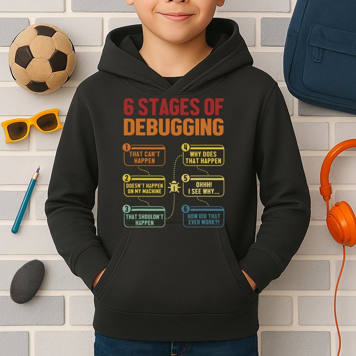 6 Stages Of Debugging Full Stack Coder Software Developer Kids Hoodie