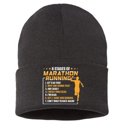 6 Stages Of Marathon Running Funny Marathon Runner Sustainable Knit Beanie