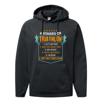 6 Stages Of Triathlon Funny I Triathletes Gift Idea Performance Fleece Hoodie