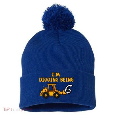 6th Birthday I'm Digging Being Six Pom Pom 12in Knit Beanie