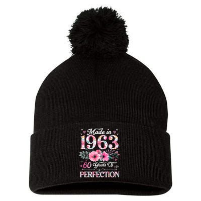 60 Year Old Made In 1963 Floral 60th Birthday Gifts Wo Pom Pom 12in Knit Beanie