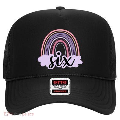 6 Year Old Boho Rainbow Six 6th Birthday Girl Family Party High Crown Mesh Back Trucker Hat