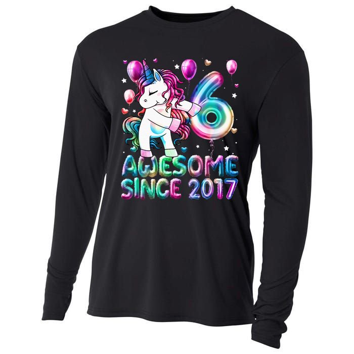 6 Years Old Unicorn Flossing 6th Birthday Girl Unicorn Party Cooling Performance Long Sleeve Crew