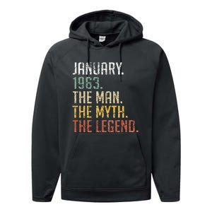 60 Year Old Gift January 1963 Man Myth Legend 60th Birthday Performance Fleece Hoodie