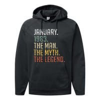 60 Year Old Gift January 1963 Man Myth Legend 60th Birthday Performance Fleece Hoodie