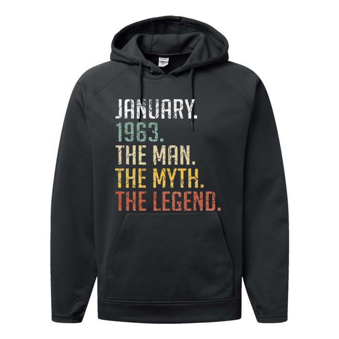 60 Year Old Gift January 1963 Man Myth Legend 60th Birthday Performance Fleece Hoodie