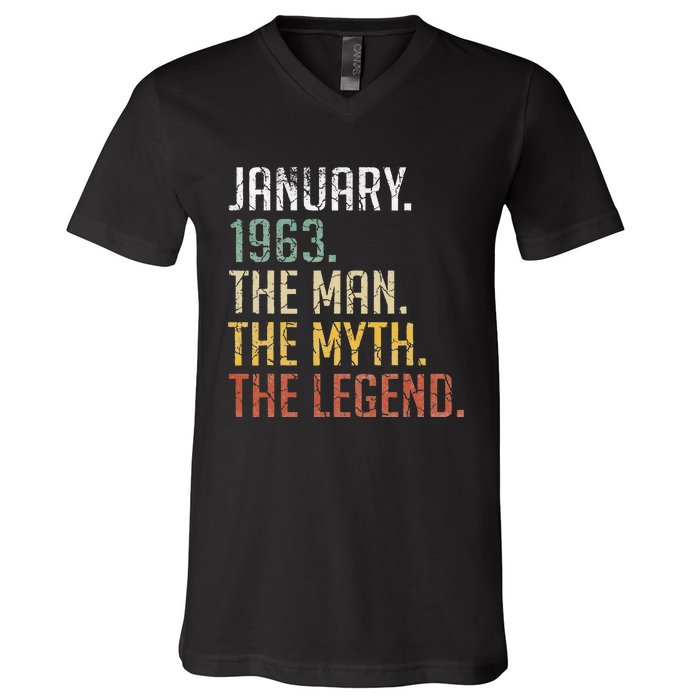 60 Year Old Gift January 1963 Man Myth Legend 60th Birthday V-Neck T-Shirt