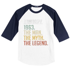 60 Year Old Gift January 1963 Man Myth Legend 60th Birthday Baseball Sleeve Shirt