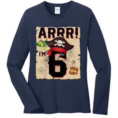 6 Year Old Pirate Birthday Arr Pirates Treasure Map 6th Gift Ladies Long Sleeve Shirt