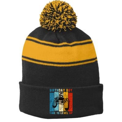 6 Year Old Birthday Boy 6 Time To Level Up 6th Birthday Boy Stripe Pom Pom Beanie