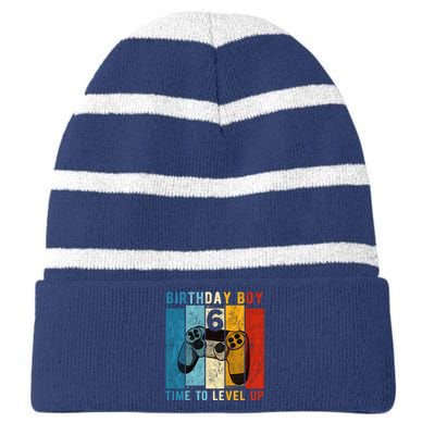 6 Year Old Birthday Boy 6 Time To Level Up 6th Birthday Boy Striped Beanie with Solid Band