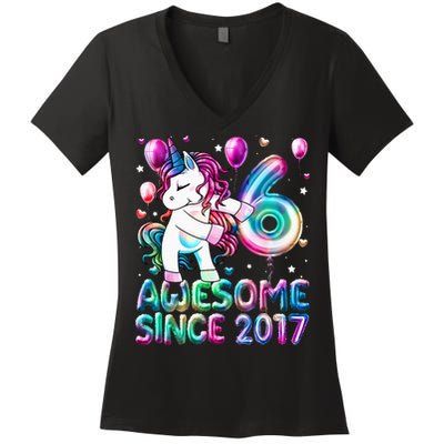 6 Years Old Unicorn Flossing 6th Birthday Girl Unicorn Party Women's V-Neck T-Shirt